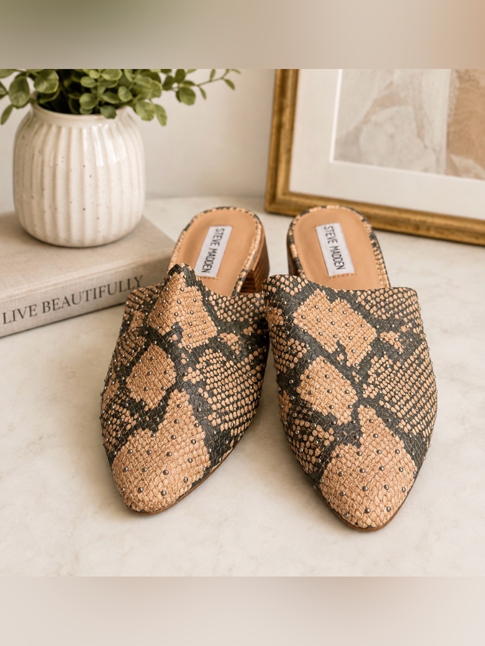 Steve Madden Snakeskin Patterned Mules in Tan and Black size 8.5